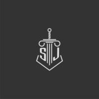 SJ initial monogram law firm with sword and pillar logo design vector