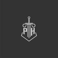 PH initial monogram law firm with sword and pillar logo design vector