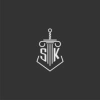 SK initial monogram law firm with sword and pillar logo design vector