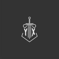 YX initial monogram law firm with sword and pillar logo design vector