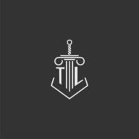 TL initial monogram law firm with sword and pillar logo design vector