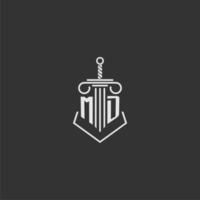 MD initial monogram law firm with sword and pillar logo design vector