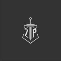 ZP initial monogram law firm with sword and pillar logo design vector