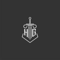 HG initial monogram law firm with sword and pillar logo design vector