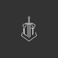 LT initial monogram law firm with sword and pillar logo design vector