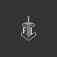 FL initial monogram law firm with sword and pillar logo design vector