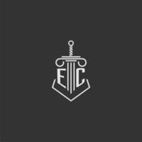 EC initial monogram law firm with sword and pillar logo design vector