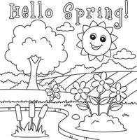 Hello Spring Smiling Sun Coloring Page for Kids vector