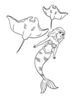 Mermaid with Manta Ray Isolated Coloring Page vector