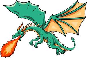 Cartoon green dragon spitting fire vector