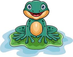 Cute green frog cartoon sitting on a leaf vector