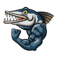 Cartoon strong angry barracuda fish mascot vector