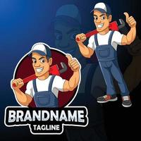 Cartoon plumber mascot design with wrench giving thumb up vector