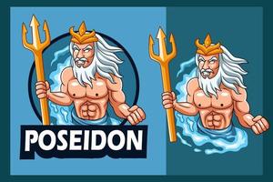 Cartoon angry poseidon holding a golden trident vector