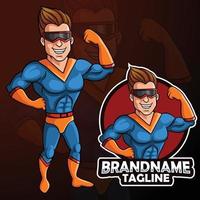 Cartoon strong super hero man logo design template vector