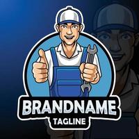 Cartoon mechanic mascot holding spanner giving thumb up vector