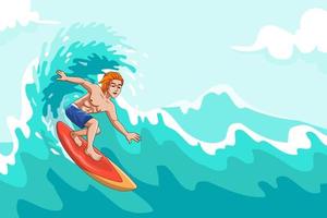 vector ilustración de dibujos animados hombre surf en el Oceano ola