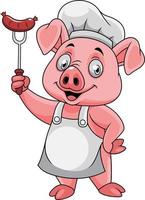 Cartoon happy pig chef holding a sausage on fork vector