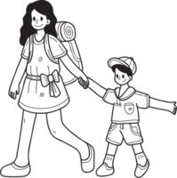 Hand Drawn female tourists with boys illustration in doodle style png