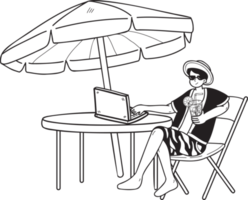 Hand Drawn Freelancer working on laptop at sea illustration in doodle style png