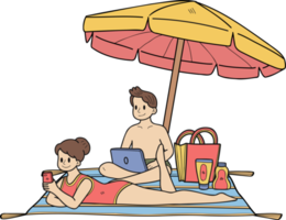 Hand Drawn couple sunbathing at sea illustration in doodle style png
