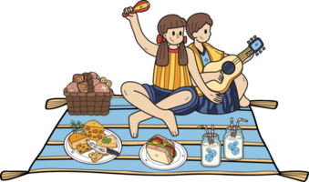 Hand Drawn Couple sitting on a picnic in the park illustration in doodle style png