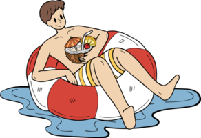Hand Drawn Male tourist lying on swim ring illustration in doodle style png