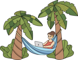 Hand Drawn Freelance woman working on laptop under coconut tree illustration in doodle style png