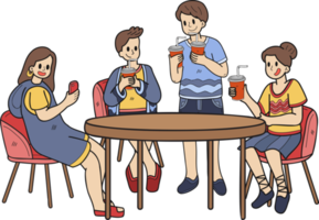 hand- getrokken groep van tieners drinken koffie illustratie in tekening stijl png