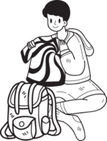 Hand Drawn tourists sitting and packing luggage illustration in doodle style png