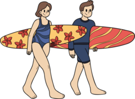 mano dibujado turista parejas con tablas de surf ilustración en garabatear estilo png