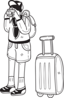 Hand Drawn Male tourist taking pictures with suitcases illustration in doodle style png