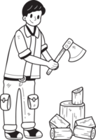 Hand Drawn man chopping firewood illustration in doodle style png