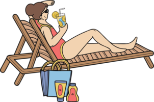 mão desenhado fêmea turista banhos de sol às mar ilustração dentro rabisco estilo png