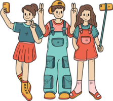 Hand Drawn group of tourists taking a selfie illustration in doodle style png