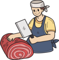 chef desenhado à mão cortando ilustração de carne no estilo doodle png