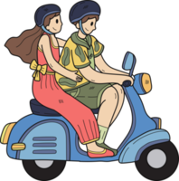 Hand Drawn couple riding a scooter illustration in doodle style png