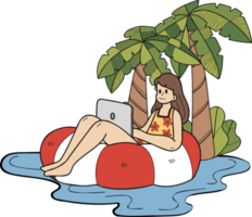 Hand Drawn Freelance woman working on laptop under coconut tree illustration in doodle style png