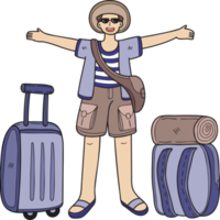 hand- getrokken mannetje toerist met reizen zak illustratie in tekening stijl png
