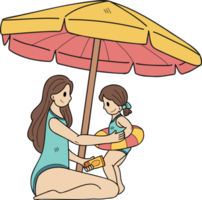 Hand Drawn Female tourists applying sunscreen to their children illustration in doodle style png