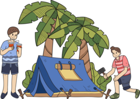 Hand Drawn group of tourists is setting up a tent in the forest illustration in doodle style png