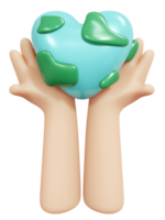 3D Rendering hand holding globe icon in heart shape concept of earth day. 3D Render illustration. png