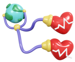 3d representación globo icono corazón y estetoscopio concepto de mundo salud día. 3d hacer ilustración. png