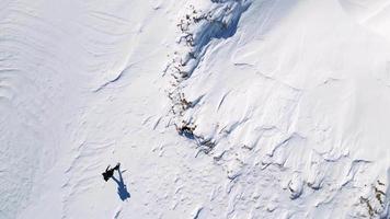 aéreo zumbido ver de solo caminante caminando en el montañas con un perro durante el invierno. nieve blanco paisaje y alpinista estilo de vida. video