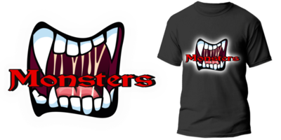 transparent t-shirt logo design with printed examples suitable for screen printing t-shirts and billboards, banners and logos, masks, socks, pants, shoes, hats monster model png