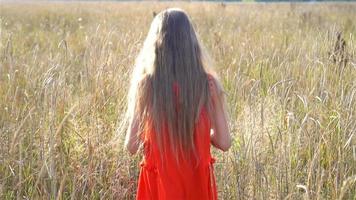 Beautiful little blonde girl, has happy fun cheerful smiling face, red dress video