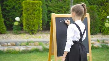 Happy little schoolgirl with a chalkboard outdoor video