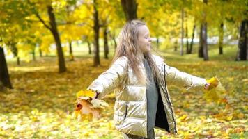 retrato de niña adorable con ramo de hojas amarillas en otoño video