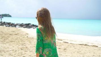 adorável pequeno menina em a de praia tendo Diversão em caribe ilha. video