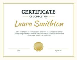 Simple Gold Certificate of Completion template